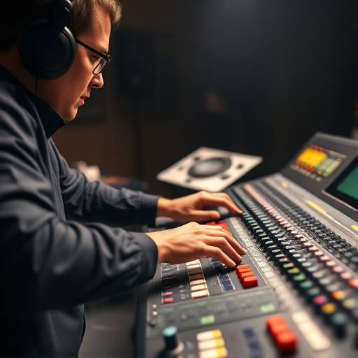 Um console de mixagem profissional com vários faders e knobs, sendo operado por um engenheiro de som.